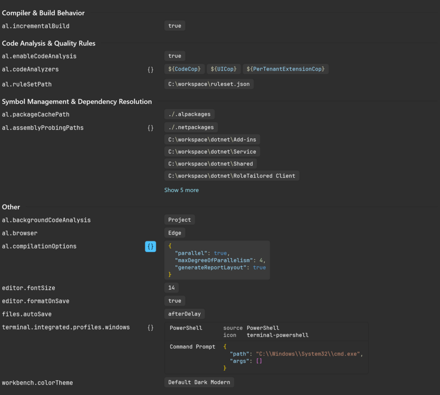 Structured setting values on the Environment page: a list shown as chips with Show more, an object shown as a table, and a value switched to JSON
