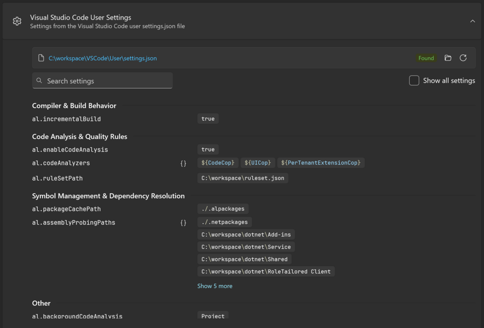 The Visual Studio Code User Settings section of the Environment page: the file path, the Found status, the Reveal in File Explorer and Re-read settings.json buttons, the search box, Show all settings and the first setting groups