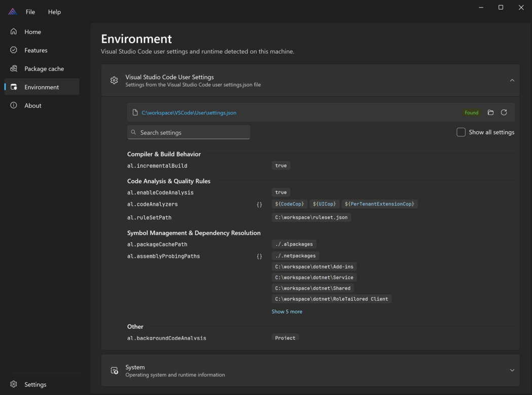 The Environment page of the Prism for AL Control Panel, with the Visual Studio Code User Settings expanded and the System section collapsed