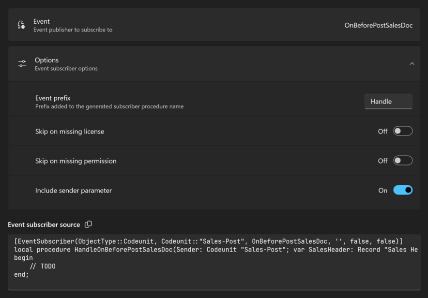 The Event subscriber source generator window for an integration event, with the event's name, the options including Include sender parameter, and the generated code