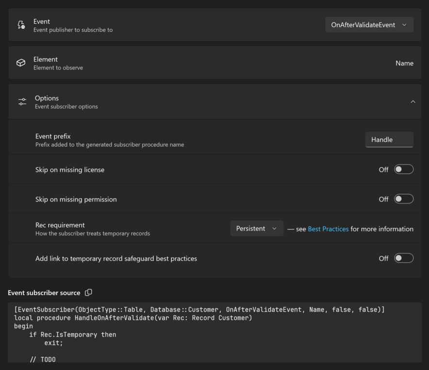 The Event subscriber source generator window for the OnAfterValidateEvent of a table field, with the options expanded and the generated subscriber code