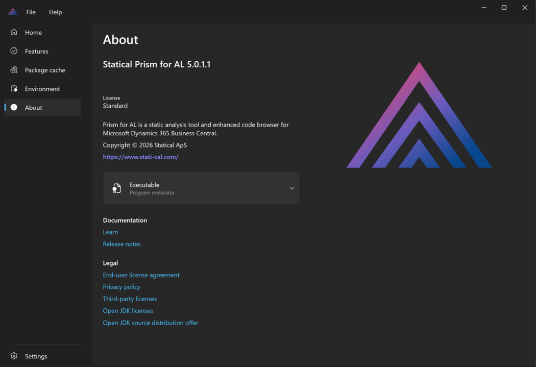 Prism for AL - Main window with about page