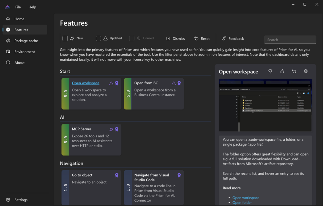 Prism for AL Main window with Features page