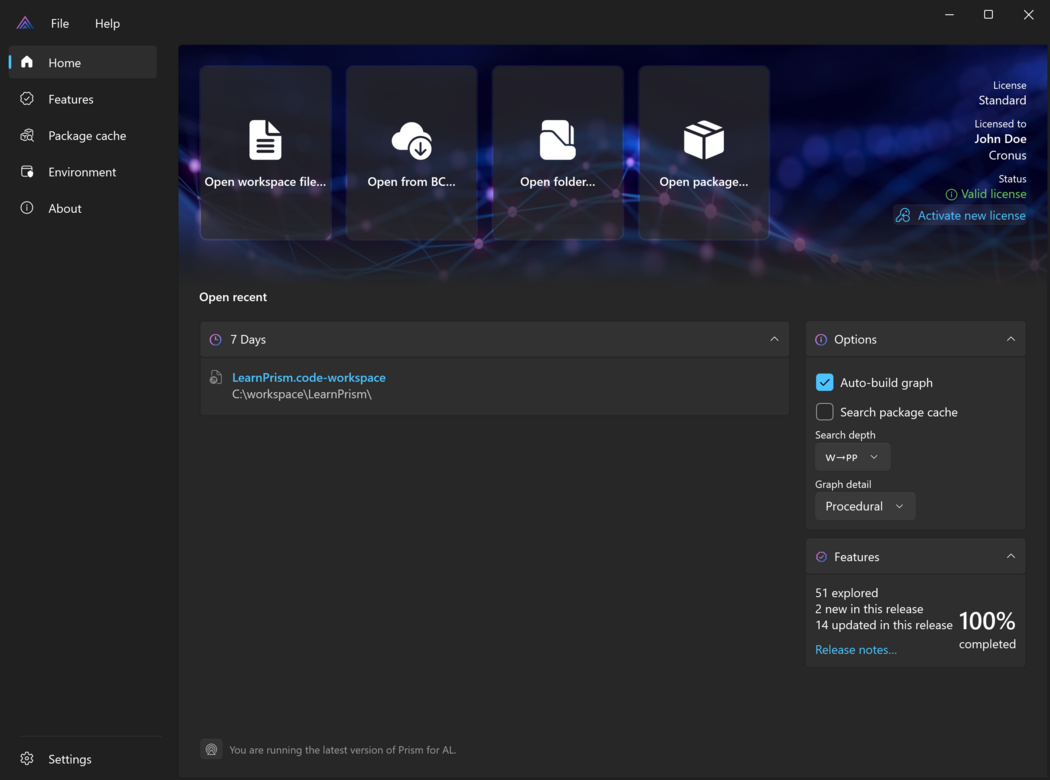 Prism for AL Main window with Home page