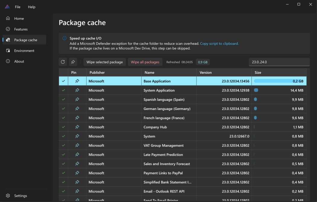 Prism for AL - Main window with package cache page