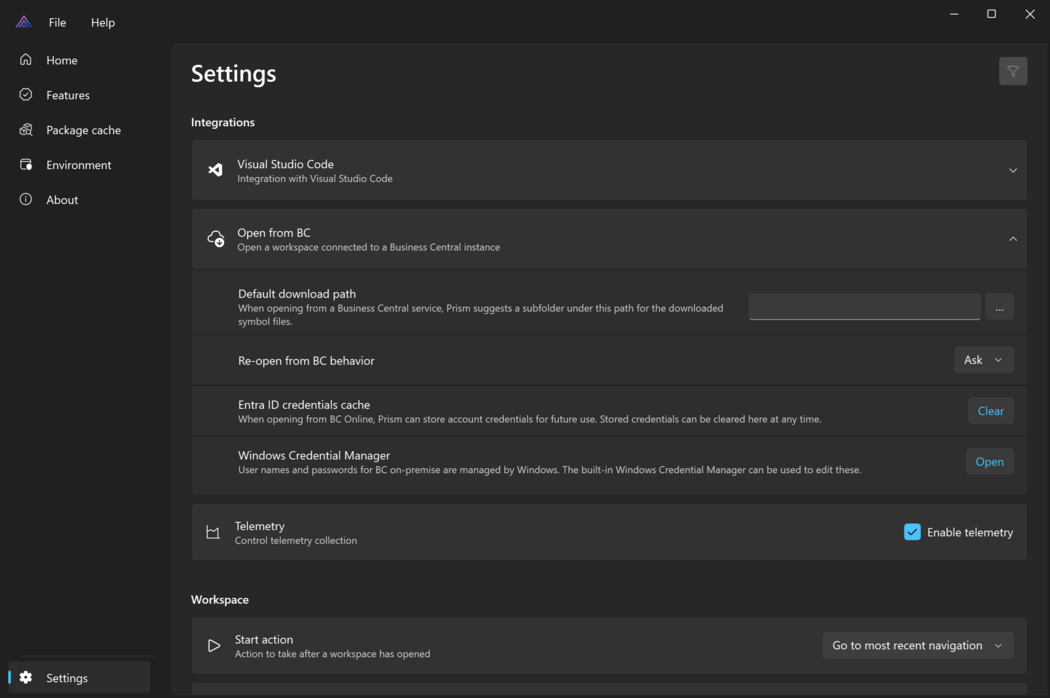 Prism for AL - Main window with settings page