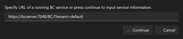 The first step of the Open from BC window, with a connection string typed and the Continue and Cancel buttons
