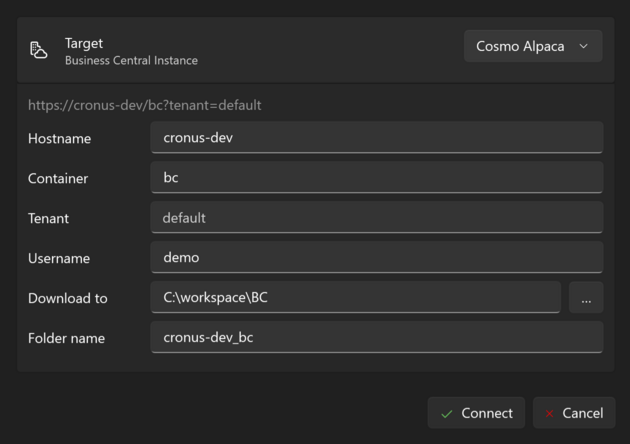 The Open from BC window for a Cosmo Alpaca service, with Hostname, Container, Tenant and Username