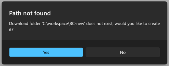 The Path not found question, asking whether to create the download folder, with Yes and No