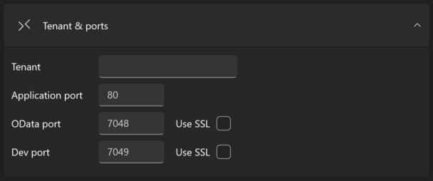 The Tenant and ports section of the Open from BC window expanded, with Tenant, Application port, OData port and Dev port, each port with its Use SSL check box