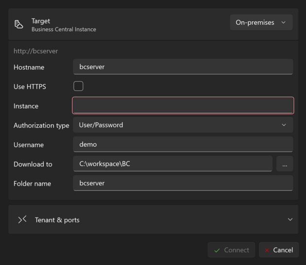 The Open from BC window at its second step for an on-premises service: Target, the service address, Hostname, Use HTTPS, Instance, Authorization type, Username, Download to, Folder name, Tenant and ports, and the Connect and Cancel buttons