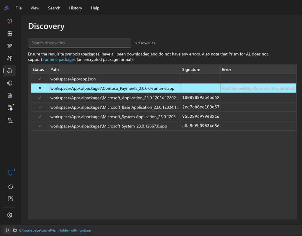 Prism for AL - discovery page with runtime package error