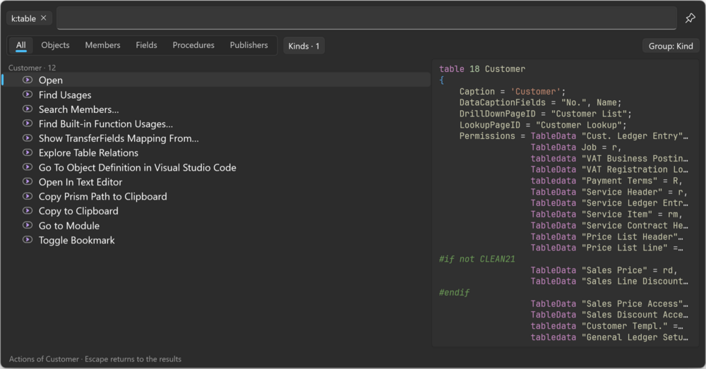 Prism for AL Universal Search listing the actions of table Customer