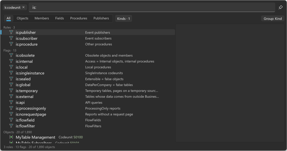Prism for AL Universal Search with a k:codeunit pill and is: typed, listing the Roles and Flags values