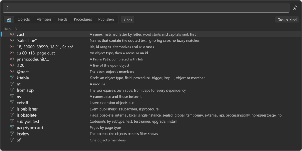 Prism for AL Universal Search with a question mark typed, listing the Help group of query forms and filter tokens