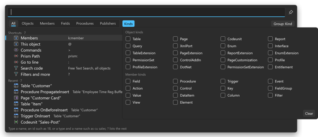 Prism for AL Universal Search with the Kinds checklist open and Table and Page checked