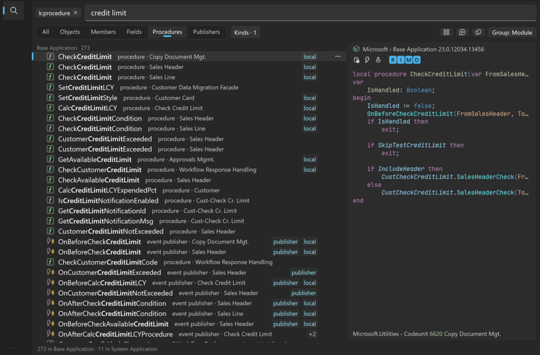 Prism for AL pinned Universal Search window with procedures grouped by object