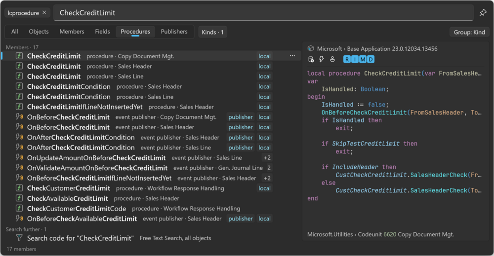 Prism for AL Universal Search previewing a procedure: the app header, the insights row, the code and the object footer