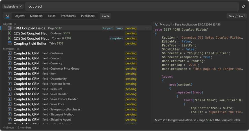 Prism for AL Universal Search results for obsolete code matching coupled, grouped into objects with pills and fields, with the selected page's source in the preview