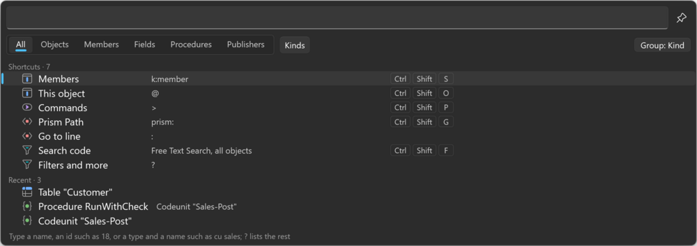 Prism for AL Universal Search with an empty box, listing the Shortcuts and Recent groups