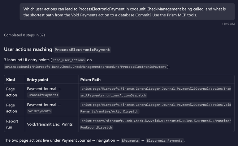 An AI coding agent in Visual Studio Code listing, through Prism, the three user actions that reach ProcessElectronicPayment