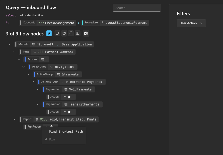Prism for AL: inbound flow to ProcessElectronicPayment filtered to user actions