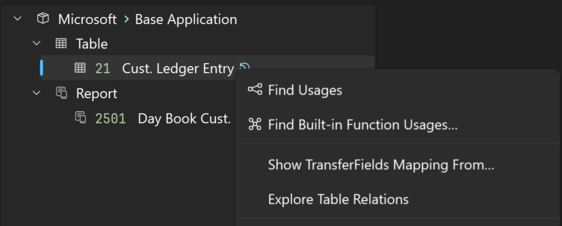 Prism for AL: Invoke Find Built-in Function Usages from object-level menu