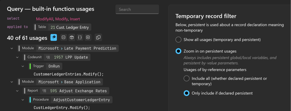 Prism for AL: Find built-in function usages result. Filter table functions usages to where the table is non-temporary.