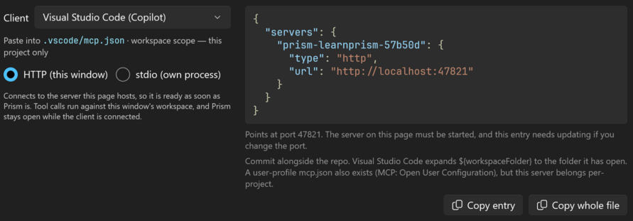 Prism for AL: the MCP client config card on the MCP Server page, with the Visual Studio Code entry ready to copy