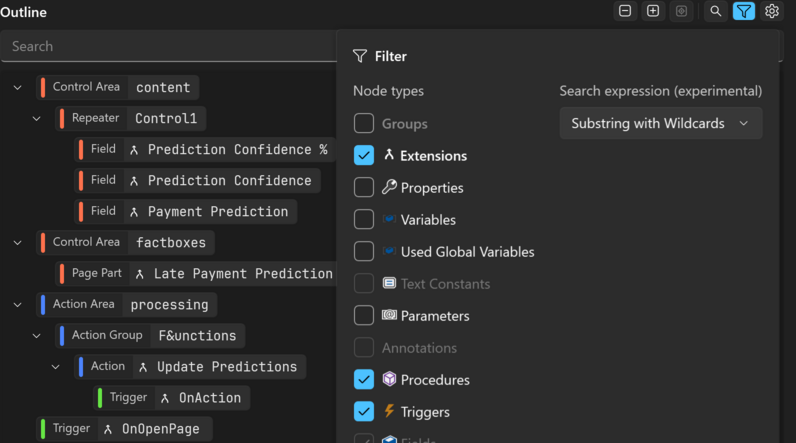 Prism for AL: Object outline settings, e.g. filter an extended object to only show what is added by extensions
