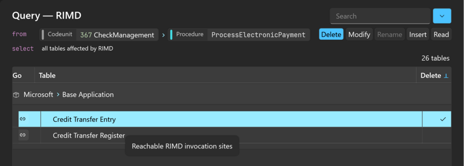 Prism for AL: RIMD query for ProcessElectronicPayment listing the tables it can touch