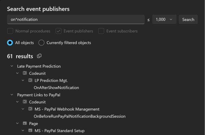 Prism for AL: Event search based on event name pattern