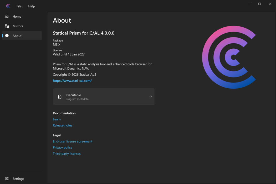 Prism for C/AL main window with the About page