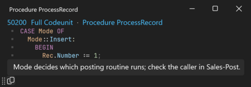 Prism for C/AL code fragment window with copied code lines and a note