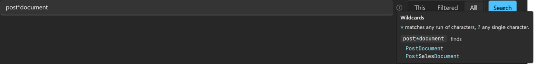 Prism for C/AL Code Lines search bar with the wildcard help showing