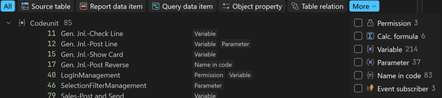 Prism for C/AL Dependencies tab with the kind chips and the More list of less common kinds open