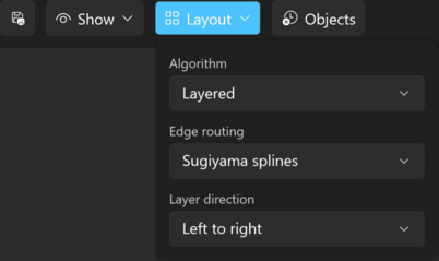 Prism for C/AL Explore table relations window with the Layout options open