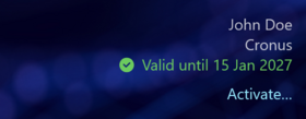 The license block on the Home page with the licensed user, company, status and Activate button