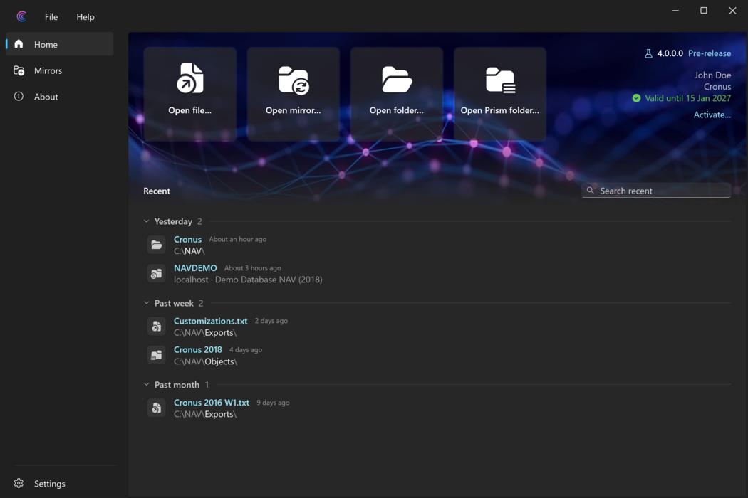 Prism for C/AL main window with the Home page