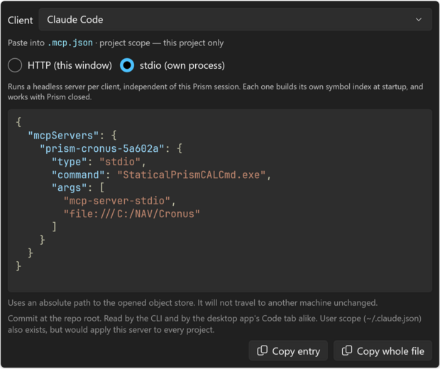 The mcp.json popup with Claude Code and stdio selected