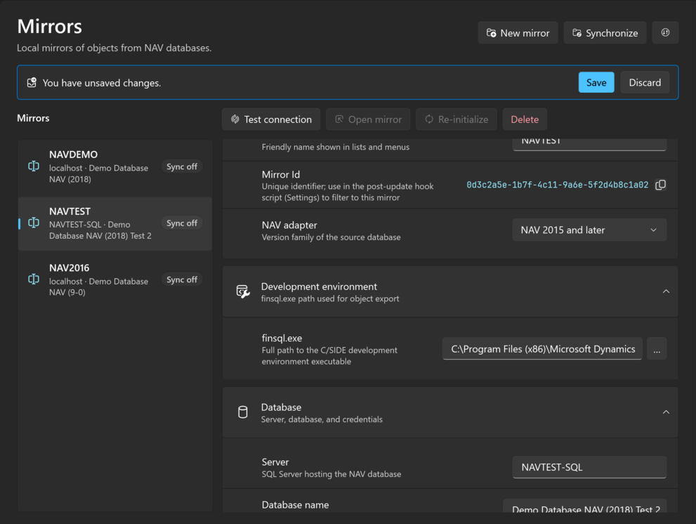 The mirror list on the Mirrors page, with one mirror synchronizing and the unsaved changes banner showing