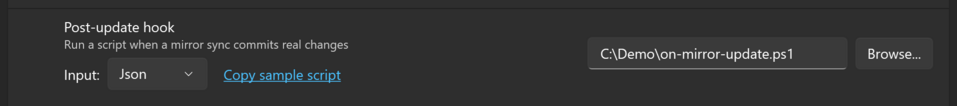 The Post-update hook setting on the Settings page, with a script path, the Input choice and Copy sample script