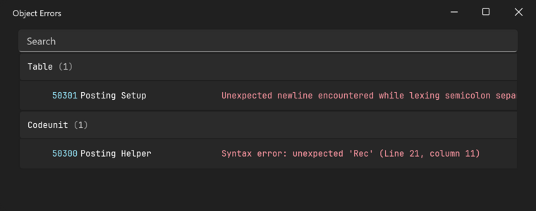 Prism for C/AL Object Errors window listing failed objects by type, each with its syntax error and line and column