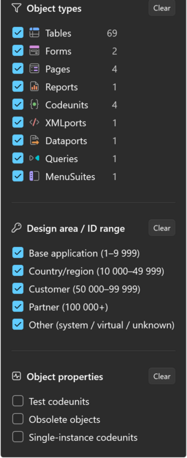 Prism for C/AL object index filter popup with object types, design areas and object properties