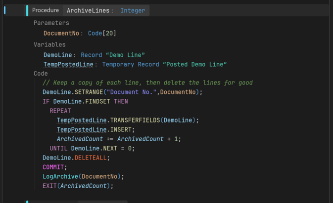 Prism for C/AL procedure on the Prism tab with its names in code colors, a global variable in italics and a temporary record underlined