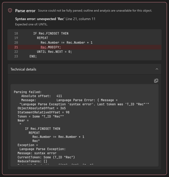 Prism for C/AL Parse error panel with the syntax error and its line and column, the expected tokens, the source lines around the error and the parser's report