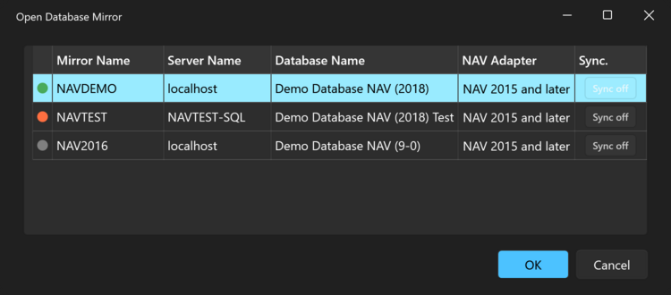 Prism for C/AL Open Database Mirror dialog with a mirror selected