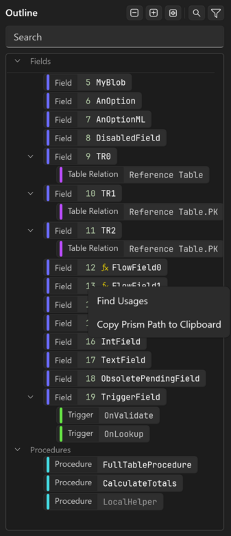 Prism for C/AL outline scrolled into the fields with the group rows pinned and the context menu of a field open