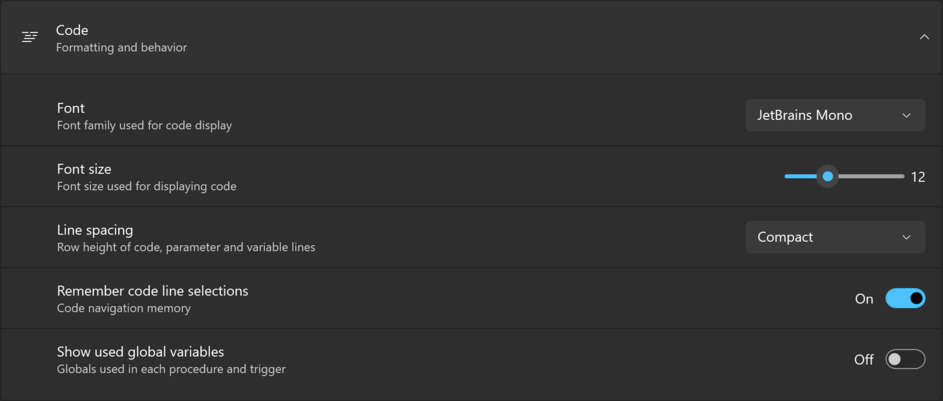 The Code group of the Settings page, expanded