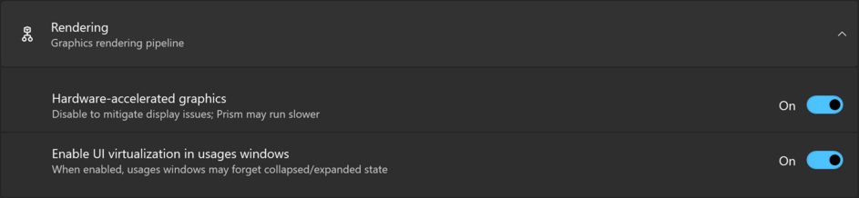 The Rendering group of the Settings page, expanded